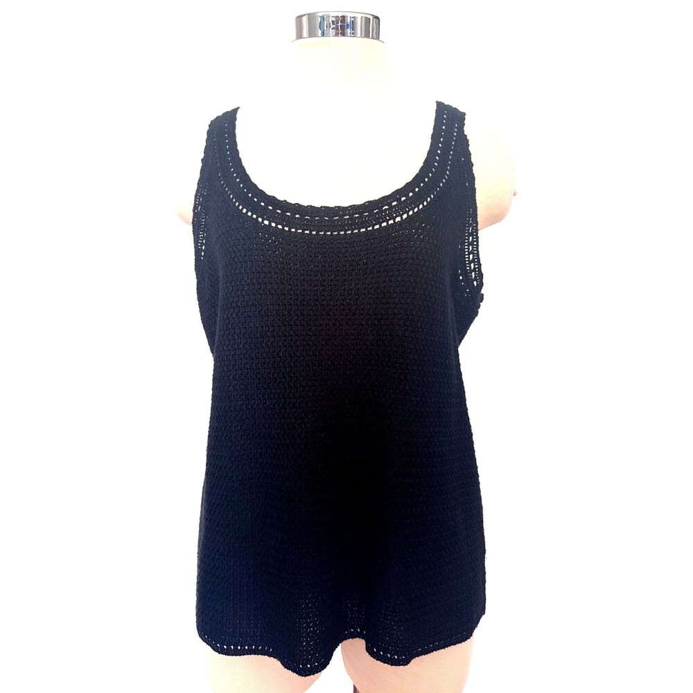 RALPH LAUREN Womens L  Black 100% LINEN Crochet Knit Beachy Boho Resort Tank Top